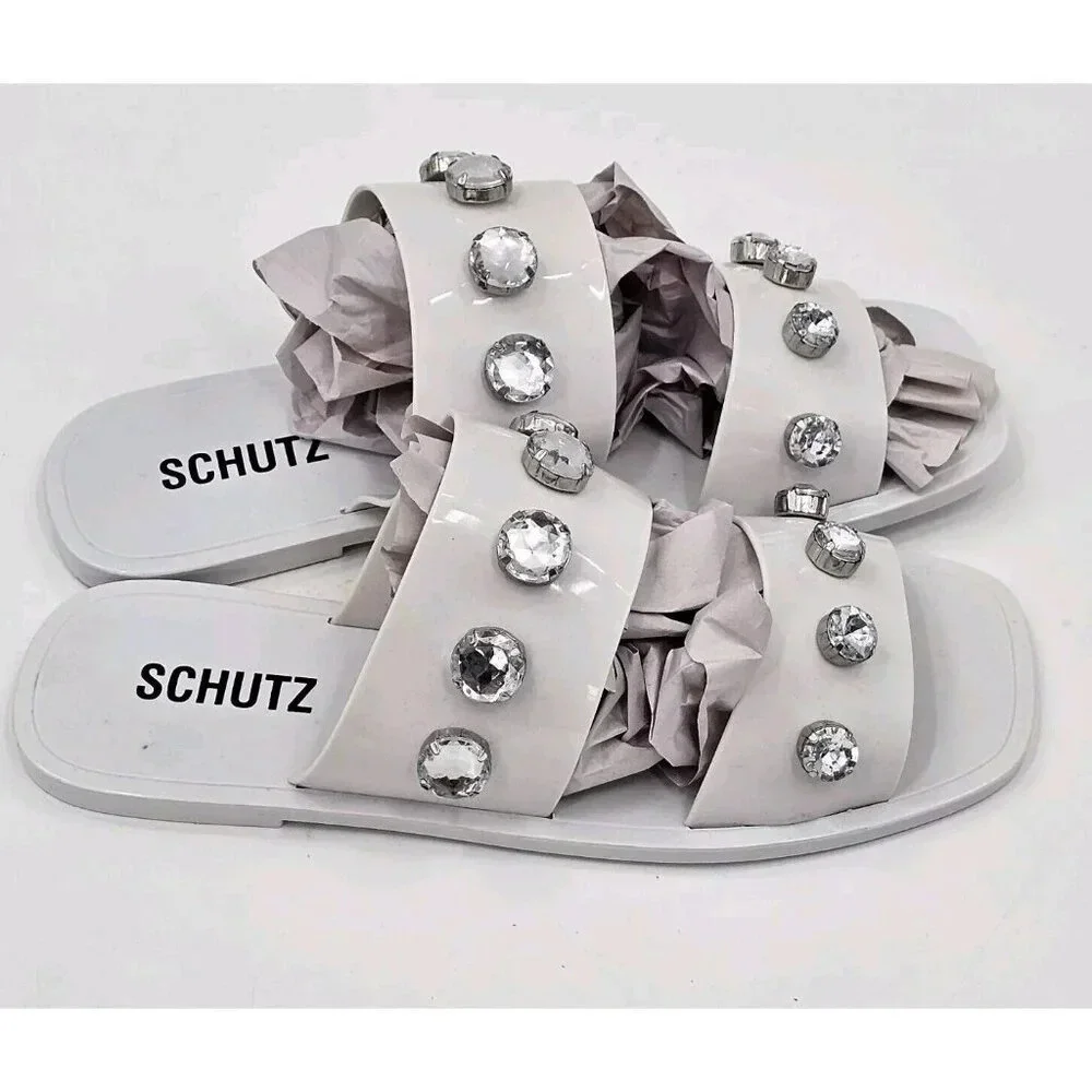 Schutz Lizzie White Jelly Crystal Embellished Flat Slide Sandal Size EU 39 US 9